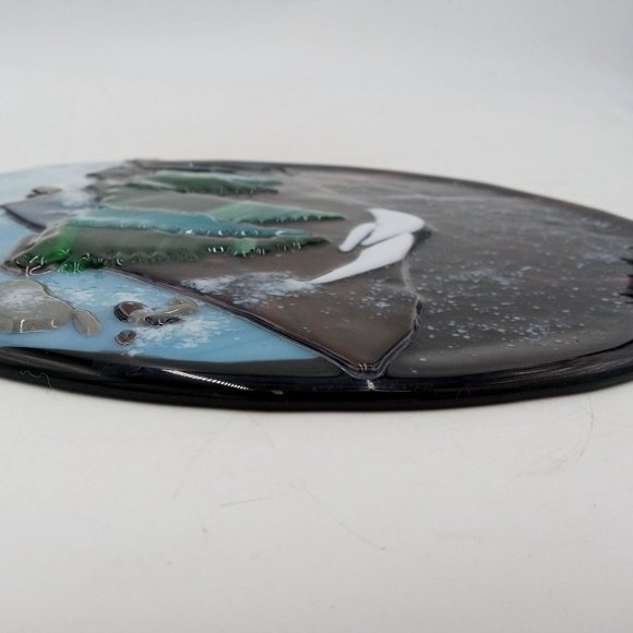 Mountain Landscape Fused Glass Art Winter Snow Tree Forest OOAK Round Plaque - Picture 6 of 11